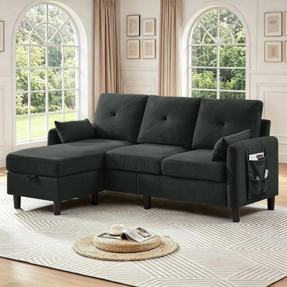 

L-Shaped 3-Seat Sofa with Storage Ottoman, 2 Pillows, and Side Storage for Small Living Rooms, Black
