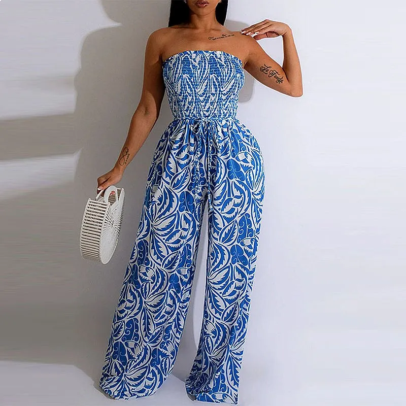 Elegant Floral Print Off Shoulder Wide Leg Jumpsuit Spring Summer Women's Overall Romper Playsuit