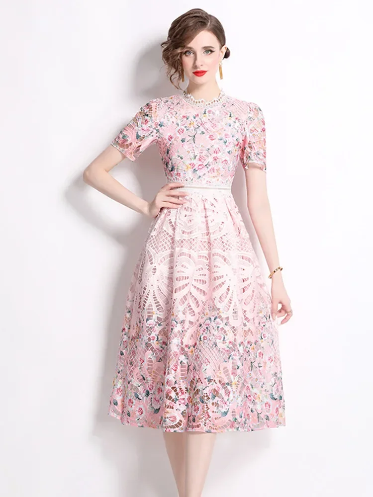 Pink Lace Hollow Out Dress For Women Stand Collar Short Sleeve High Waist Print Long Dresses Female Summer Clothes 2024 New
