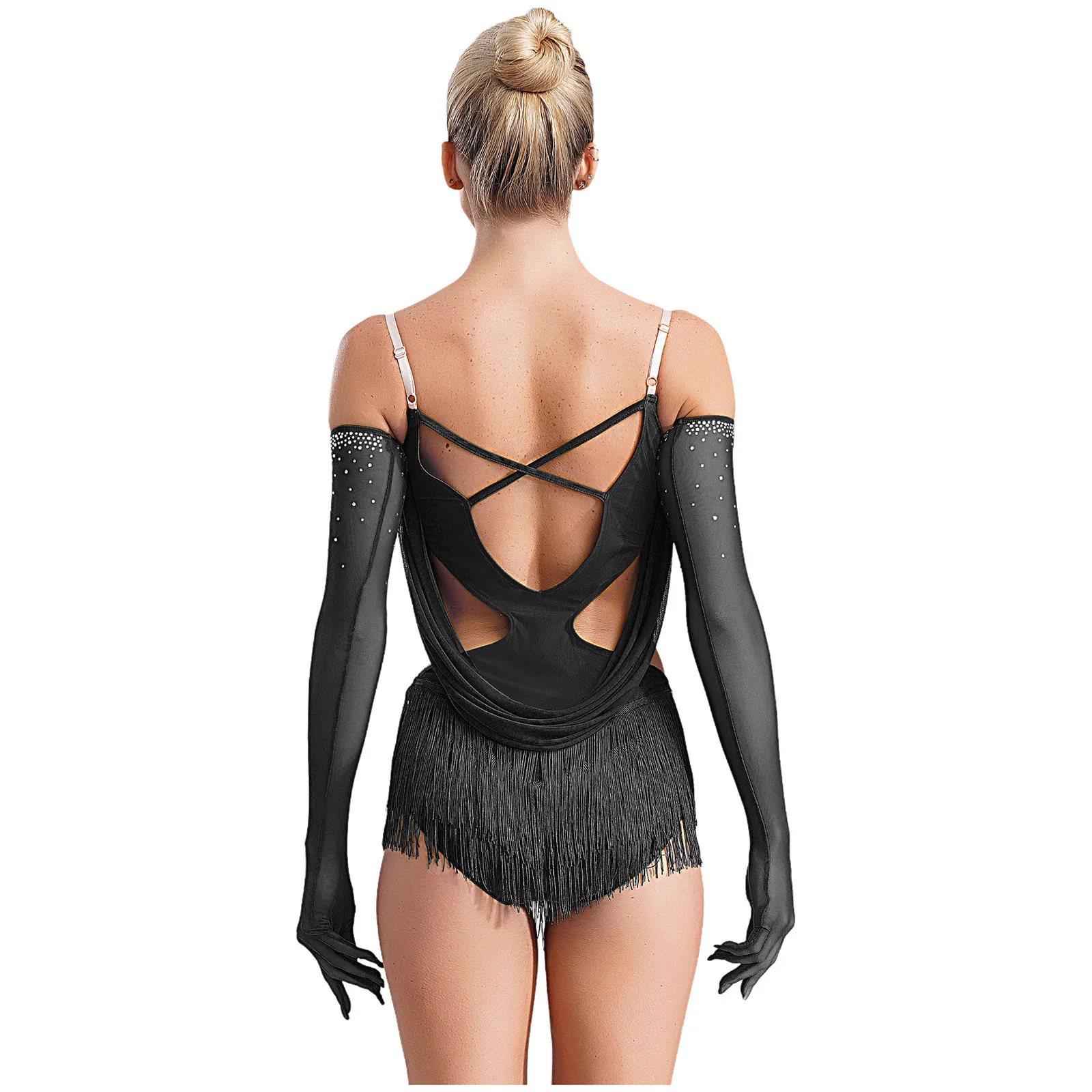 Women Glittery Rhinestone Gymnastics Figure Skating Costume Tassel Latin Tango Ballet Dance Leotard Fringed Bodysuit with Gloves