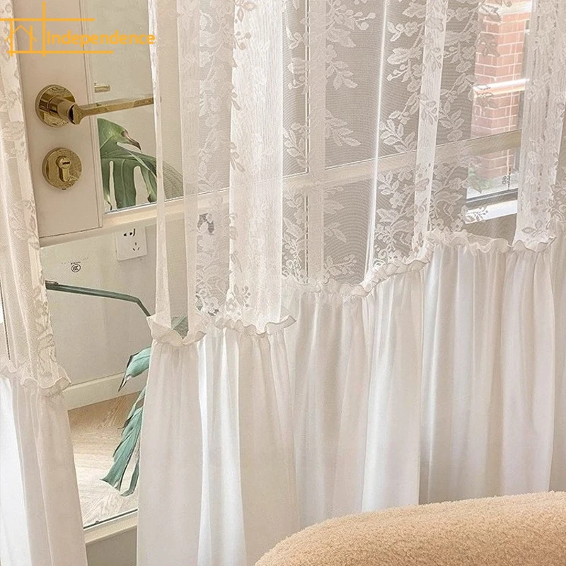 

Romantic Lace White Gauze Embroidery Skirt Hem Window Screen Curtains for Living Room Bedroom French Window Balcony Window