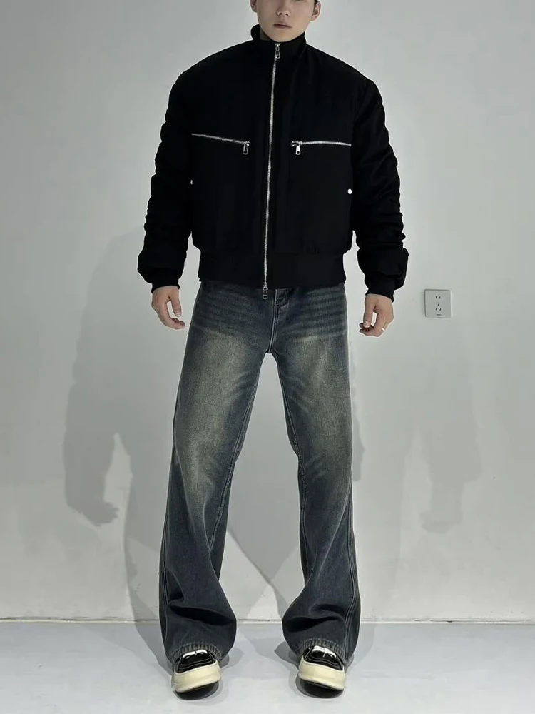 

Retro Blue Fleece Lined Jeans Men's Spring Autumn High Street Straight Leg Micro Flared Cleanfit Durable Casual Blue Jeans