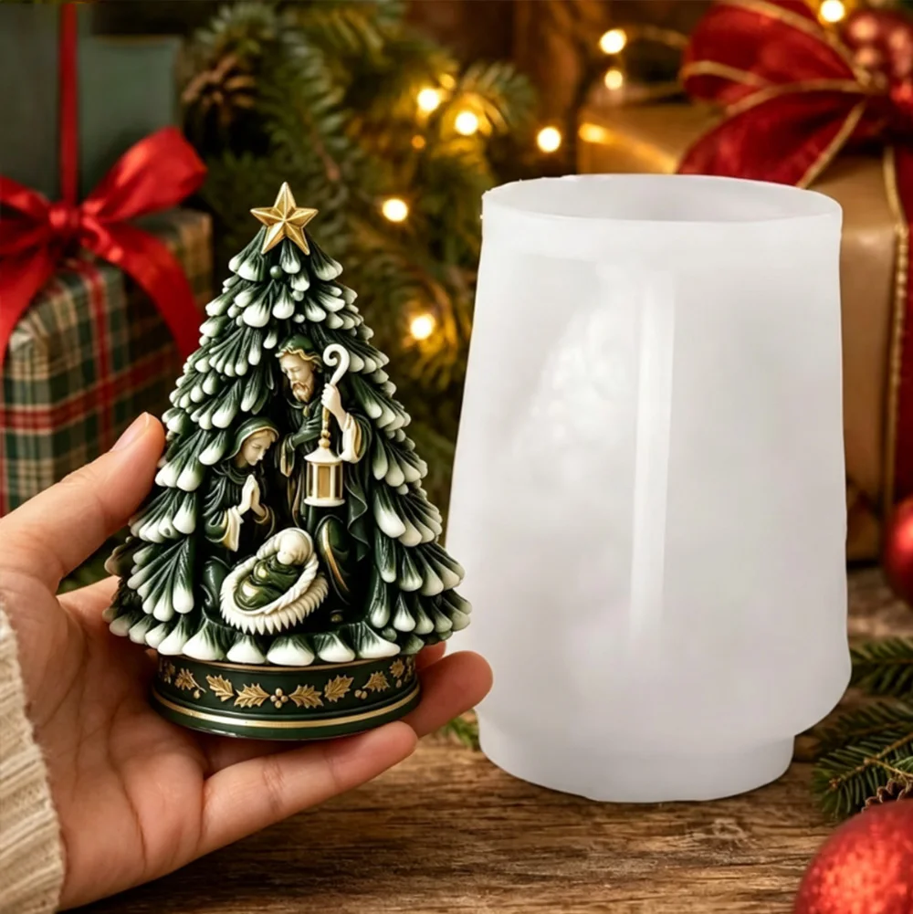 Holy Family Three Tree Silicone Mold Christmas Tree Silicone Candle Plaster Mold Home Decoration Gift view 3
