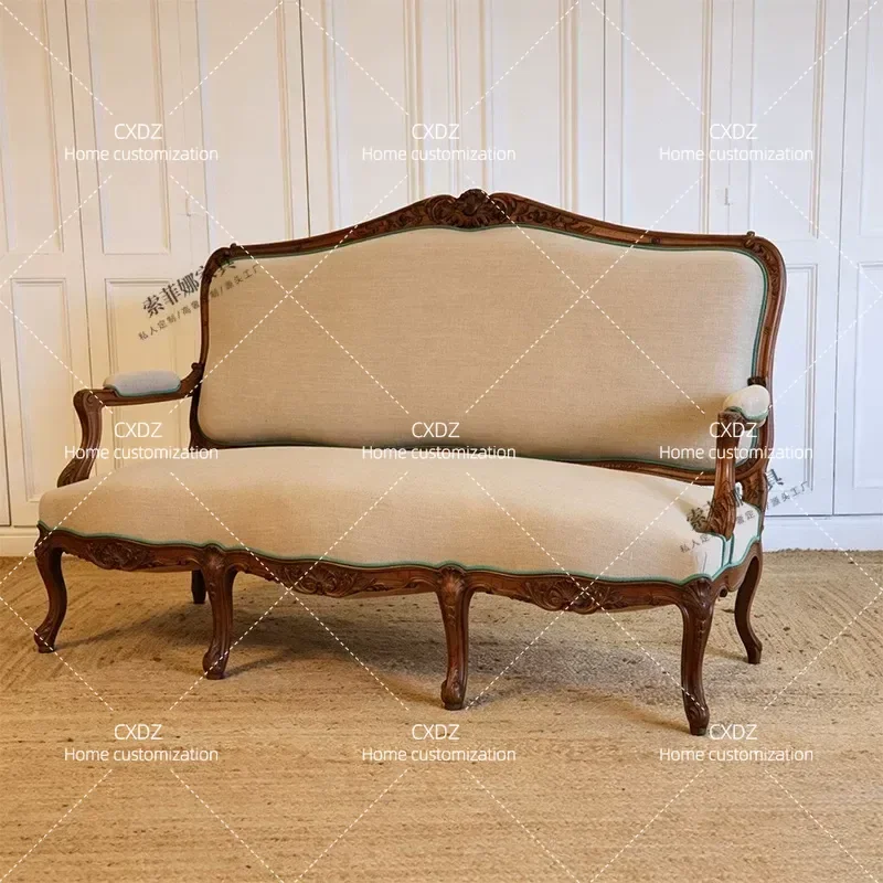 Retro Ash Wood Solid Wood Carving Linen Fabric Double Chair Country Style Bed and Breakfast Studio Shooting Props