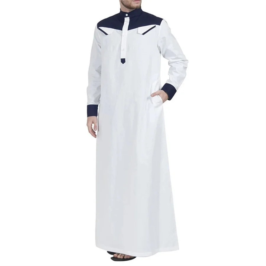 Abaya musulmana para hombre, caftán de manga larga con contraste de Color, ropa islámica, bata de oración para Oriente Medio, vestido largo con cuello levantado