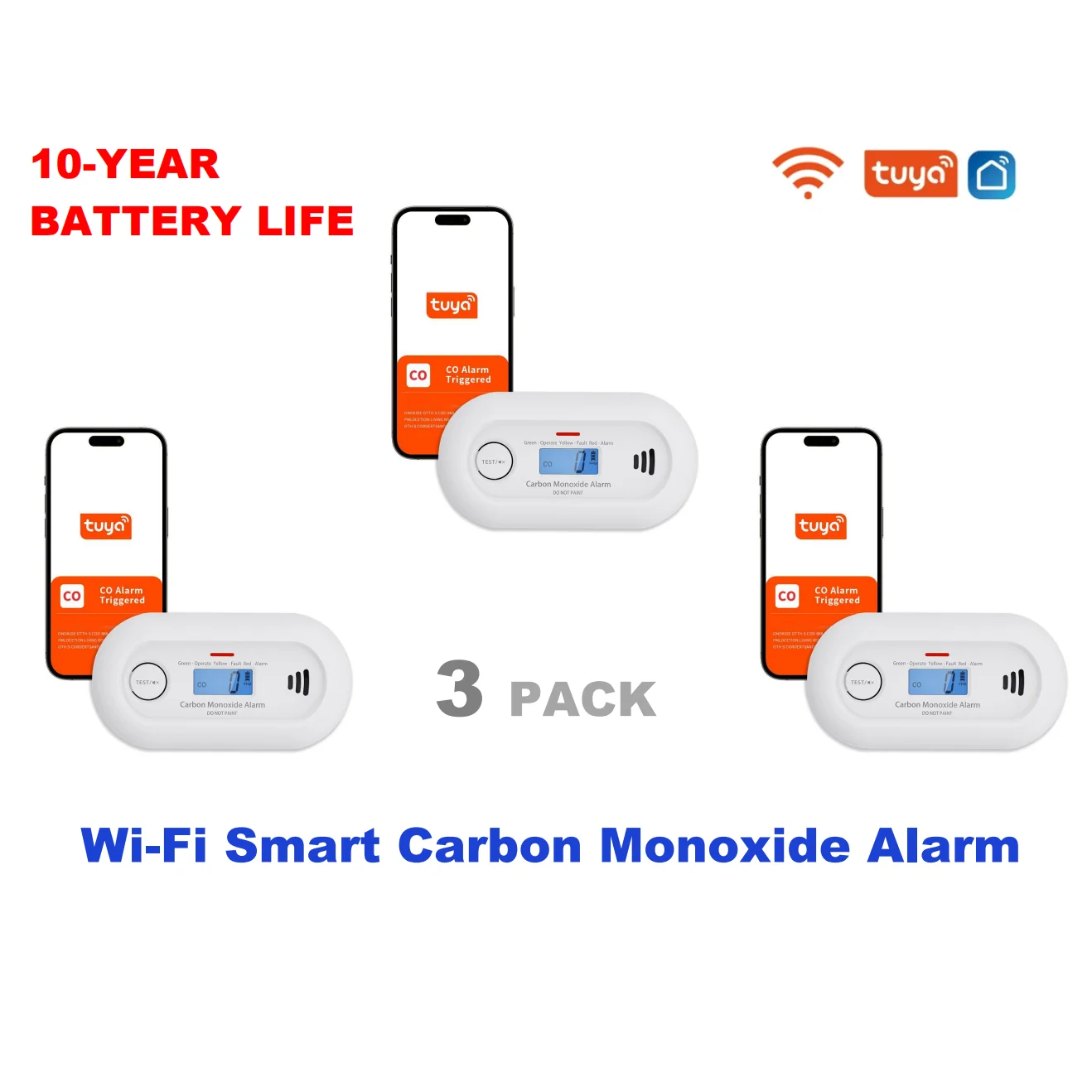 Alarme de monóxido de carbono Tuya, detector inteligente de gás CO WiFi com controle de aplicativo Tuya, bateria de 10 anos de vida útil, CE, VC21W, pacote com 3