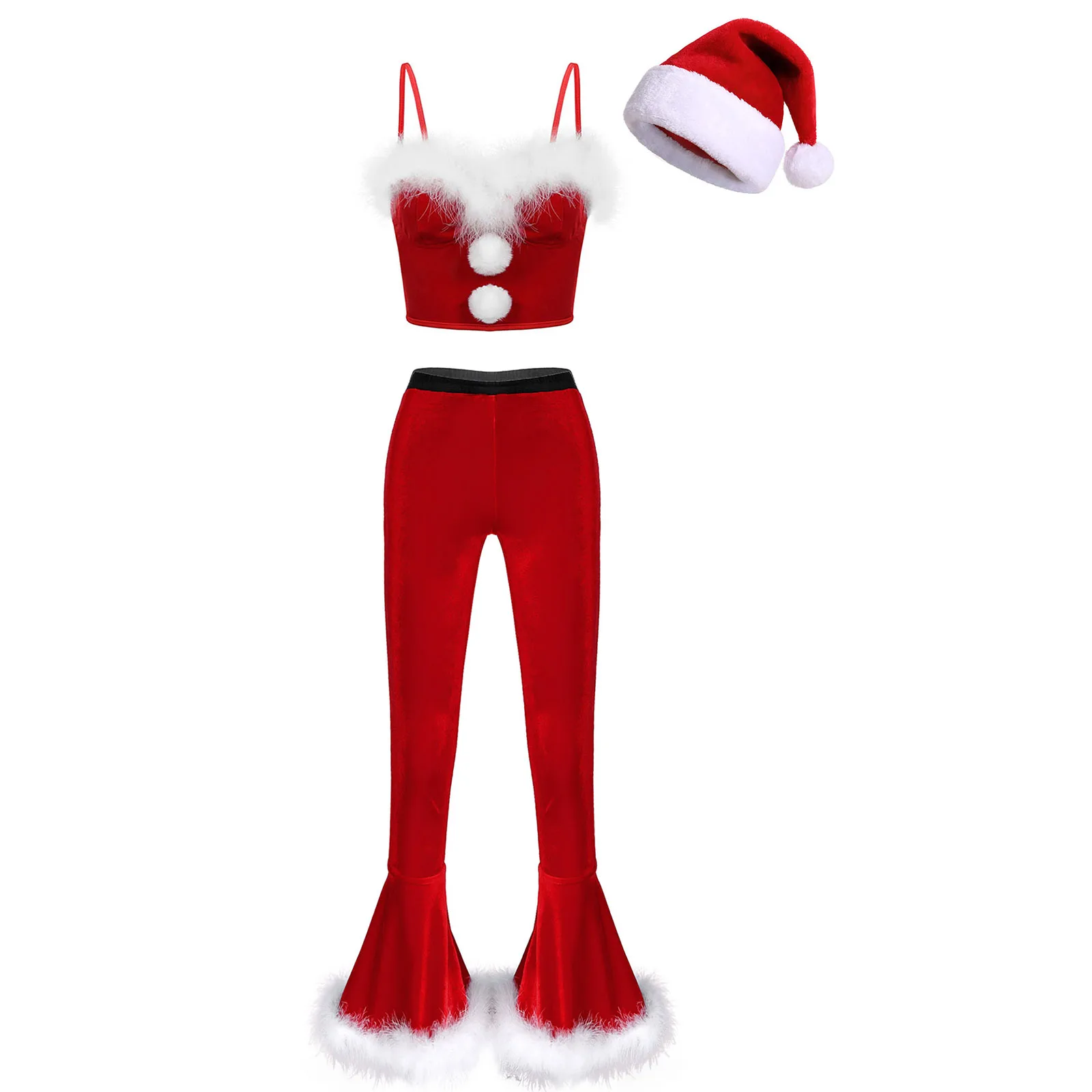 New Womens Christmas Costume Set Red Velvet Sleeveless Zipper Camisole Crop Top+Flared Pants+Hat for Xmas Theme Party Cosplay