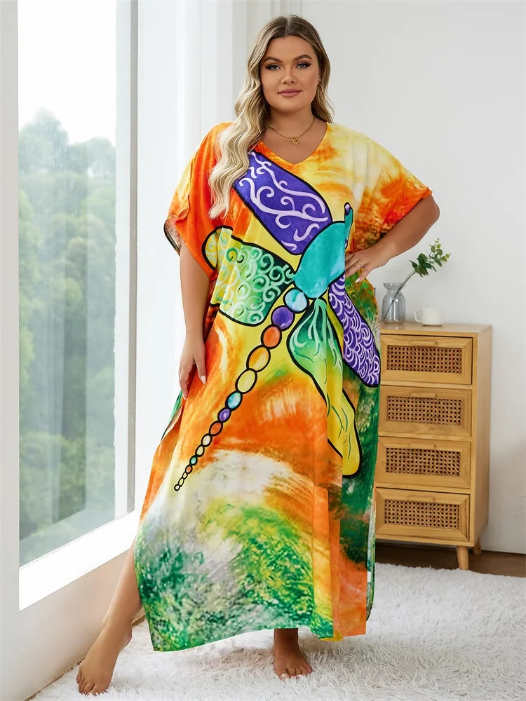 2024 Summer Plus Size Bohemian Print V Neck Batwing Sleeve Loose Kaftan Dress African Women Beachwear Swimsuit Cover Up Q1577