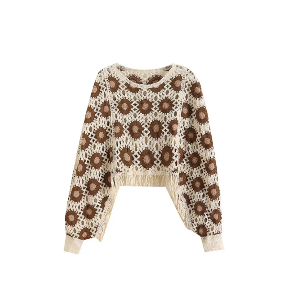 

Korean Women's Tassel Bat Sweater Crochet Hollow Design Autumn Fashion Wholesale Retro Style Top