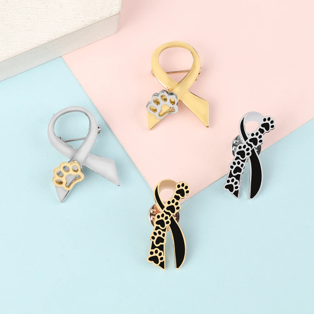 4 Styles Ribbon Enamel Pins Cute Golden Sliver Color Dog Paw Brooches Women Men Clothes Lapel Pin Badges Jewelry Gift for Friend