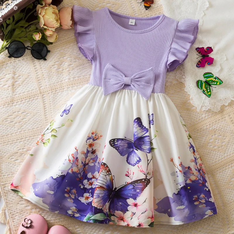 Flower Girls Butterfly Princess Dresses for Kids Summer Ruffles Sleeve Elegant Party Bow Clothes Children Wedding Casual Dress