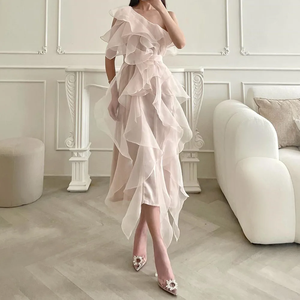 

Customized A-line Evening Gown Ankle-length One-shoulder Sleeveless Prom Gown Simple Fashion Draped Backless Casual Party Gown