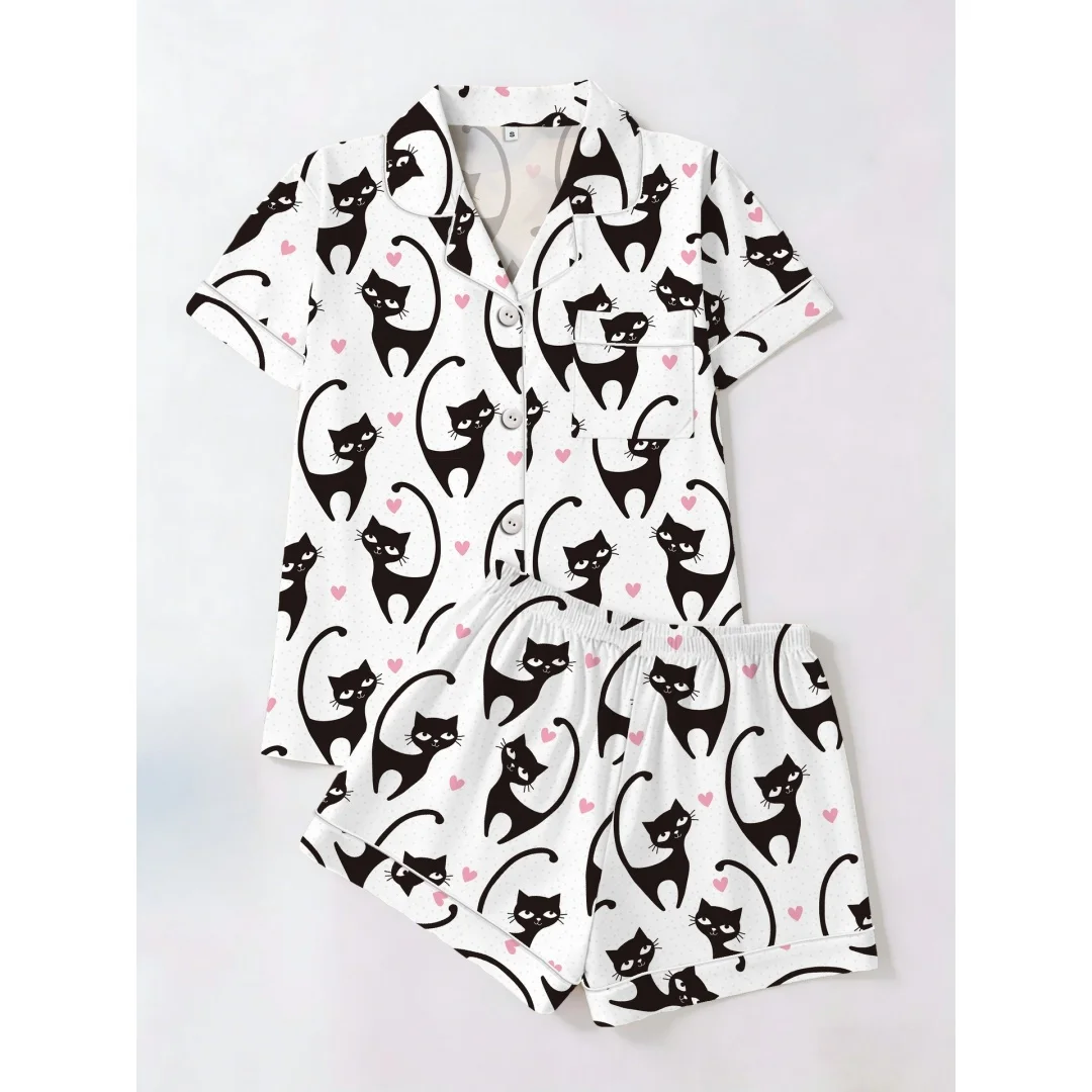

Black Kitty Cats Print Pajamas 2pcs a Set for Women Animal Themed Home Wear Lapel Short-sleeved Shirts Short Pants Summer Gifts