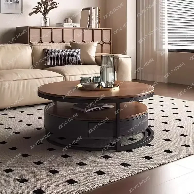 

Modern medieval style coffee table combination living room home retractable retro walnut size round coffee table