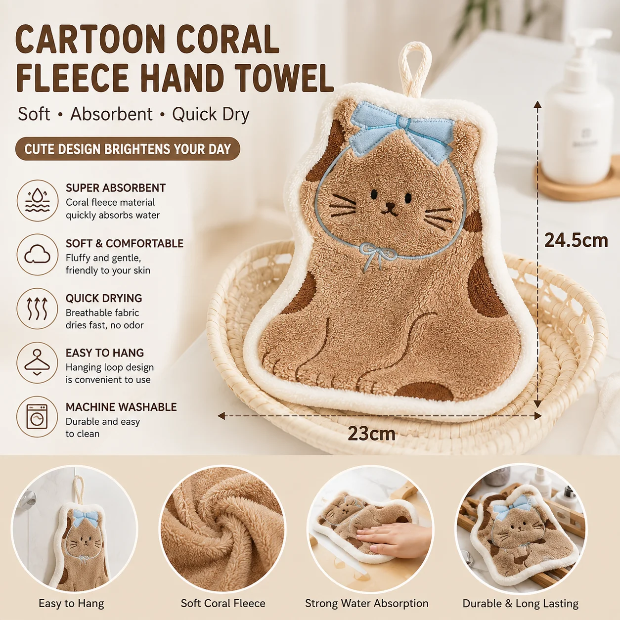 Creative Cute Cat Shaped Hanging Hand Towels Absorbent Soft Quick Dry for Bathroom Kitchen Kids Children Hand Wiping