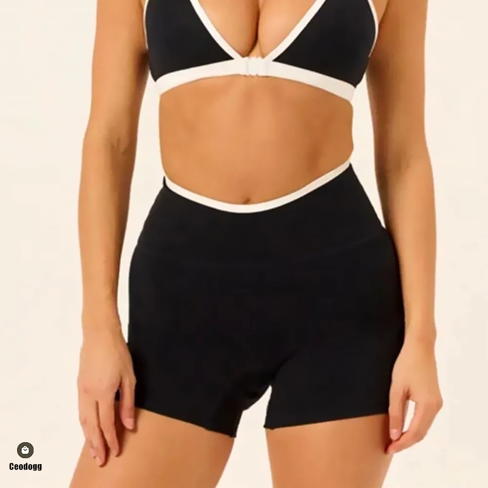 High-Waist Yoga Shorts Women's Color Block Tight Training Running Fitness Pants Three-Quarter Length Sportswear Gym Shorts XP58