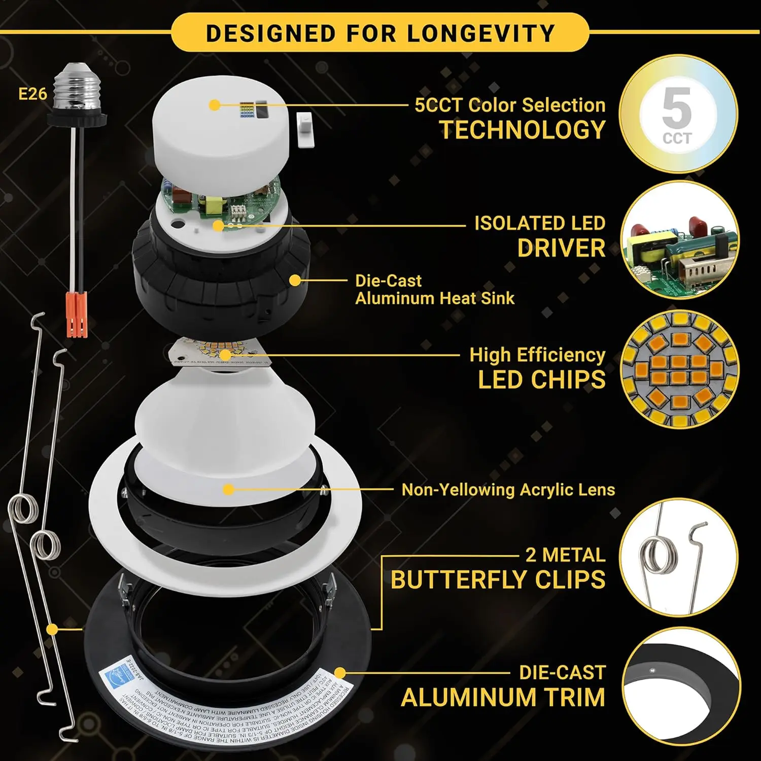 Nuwatt-Spot Lumineux LED Encastrable à Cardan de 6 Pouces, Lumière Élevée, Sous Lm, 16W, 5 ct Sélectionnable, 6 Paquets