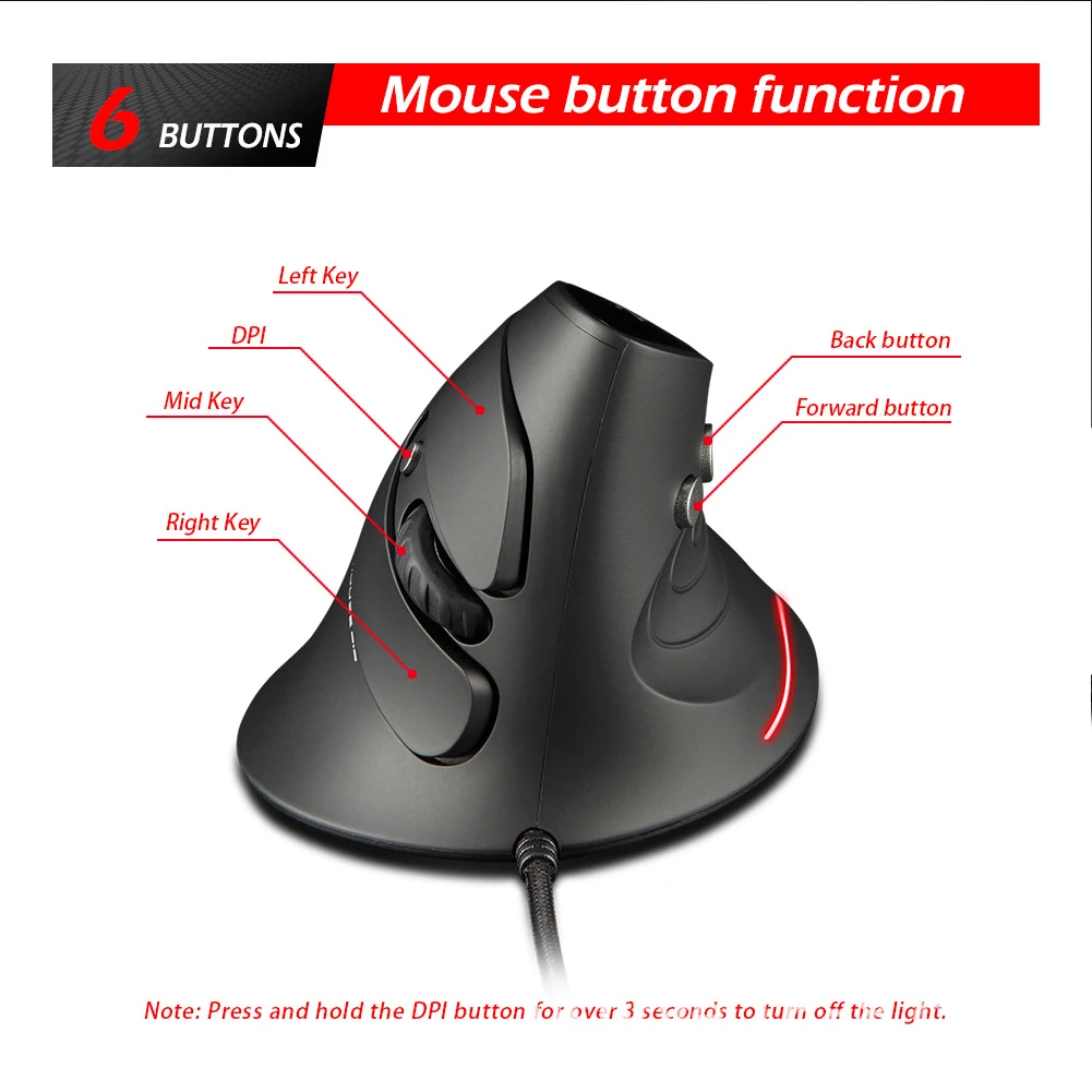 ZELOTES 3200DPI Gaming Mouse Upright Wired 6 Button LED Desk Office Game Mouse