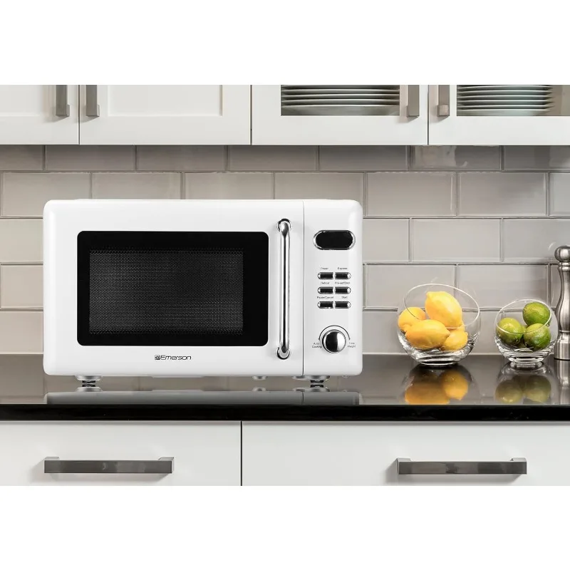 Compact countertop microwave with push button controls, LED display, 5 power levels, glass turntable and child safety lock