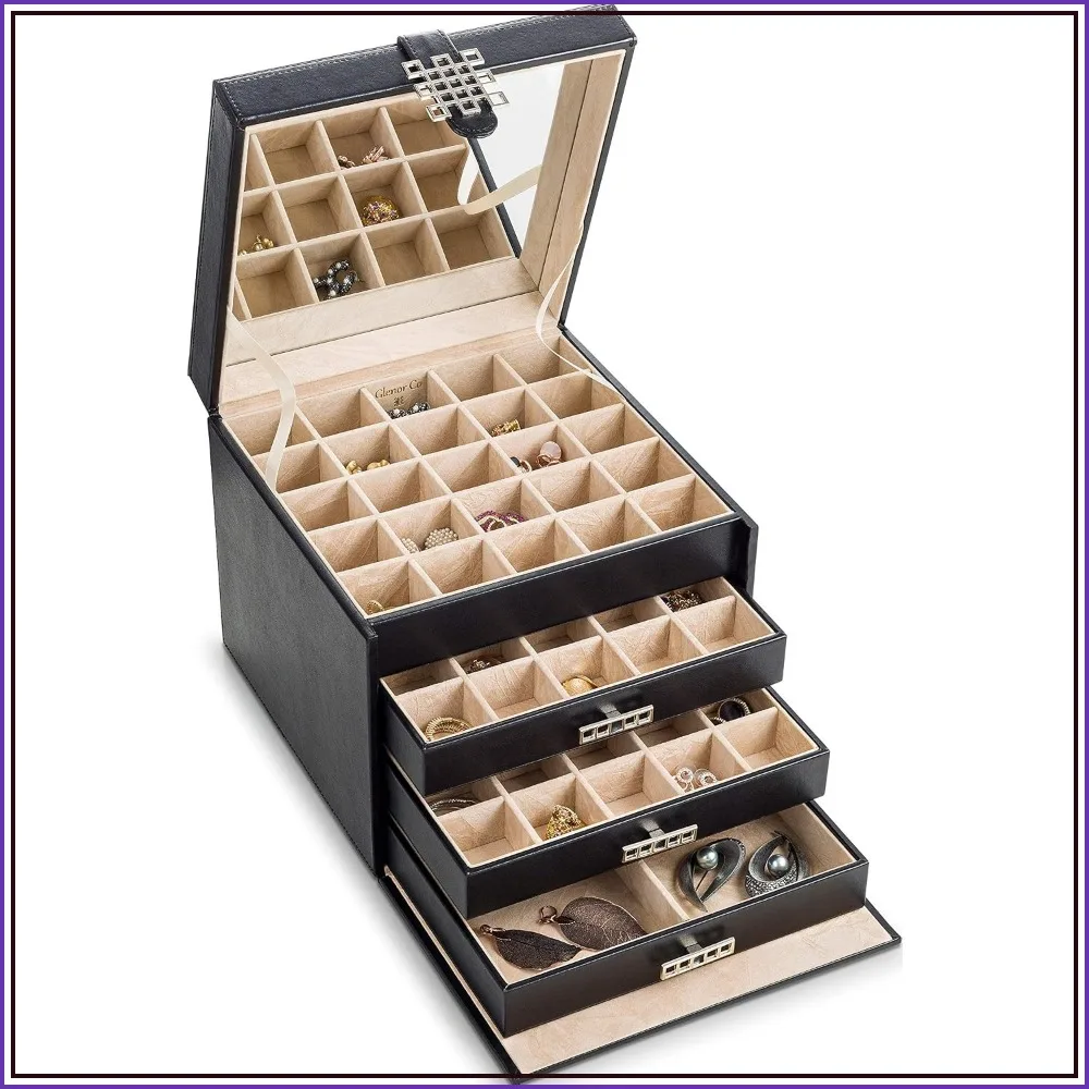 

Earring Organizer Holder - 75 Small & 4 Large Slots Jewelry Box with Drawer, Mirror, 4 Trays for Earrings, Rings, Chains - PU Leather
