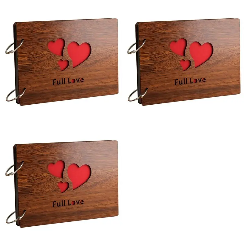 AAAF 3X DIY Photo Album Wood Cover Anniversary Scrapbook 8 X 6 Inches Self-Adhesive Picture Book With Black Pages( Full Love)