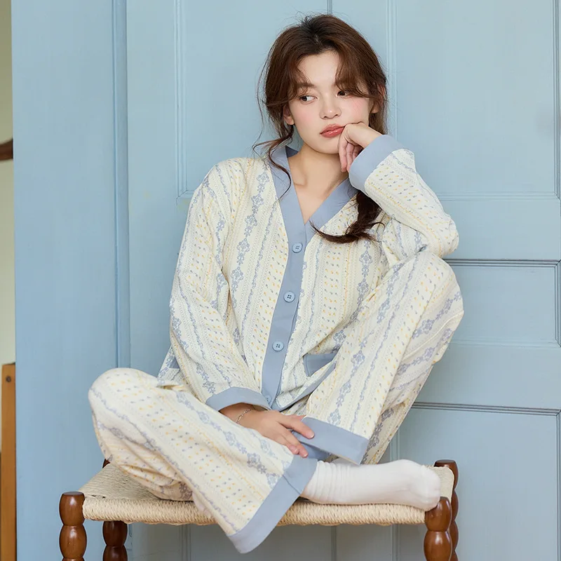 Women's Sleepwear Set with Chest Pad Long Sleeve Long Pants Open Cardigan Kimono Collar Home Clothes Spring Autumn Youth Female