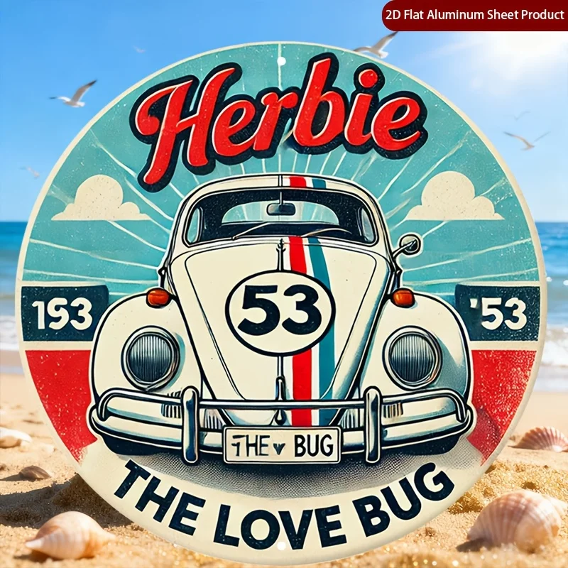 2D Flat Aluminum Herbie The Love Bug Round Metal Sign Vintage Indoor Outdoor Wall Art Home Kitchen Garden Bathroom Decor