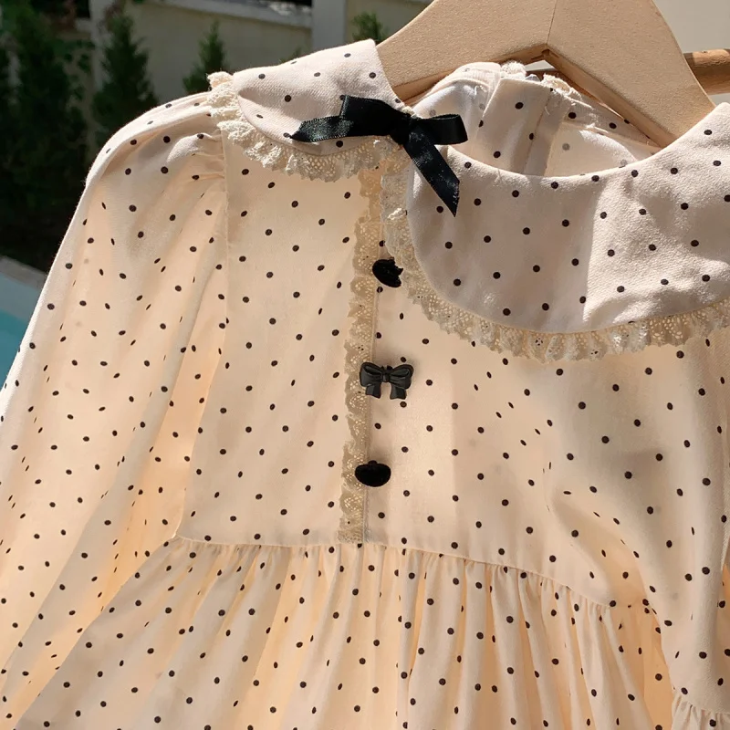 

French Irregular Doll Collar Polka Dot Girls Dress2025Autumn Bow Long Sleeve Children's Princess Dress