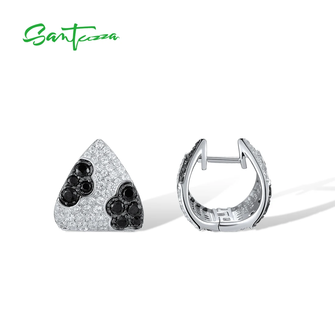 SANTUZZA Real 925 Sterling Silver Clip Earrings For Women Sparkling White CZ Black Spinel Chic Triangle Party Fine Jewelry