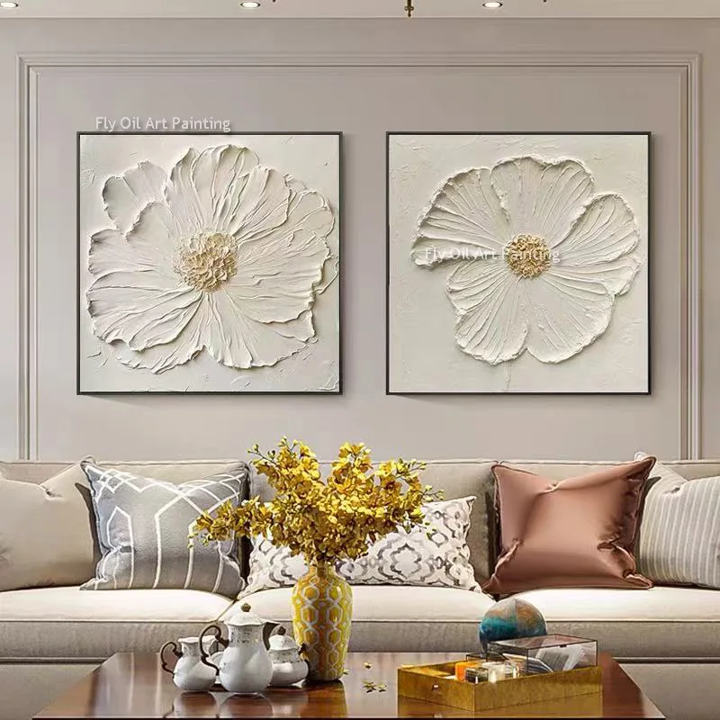 Large White Flower Kinfe Thick Oil Painting Hand Painted Set Of Two Florals Canvas Artwork For Home Wall Decor As Gifts For Love
