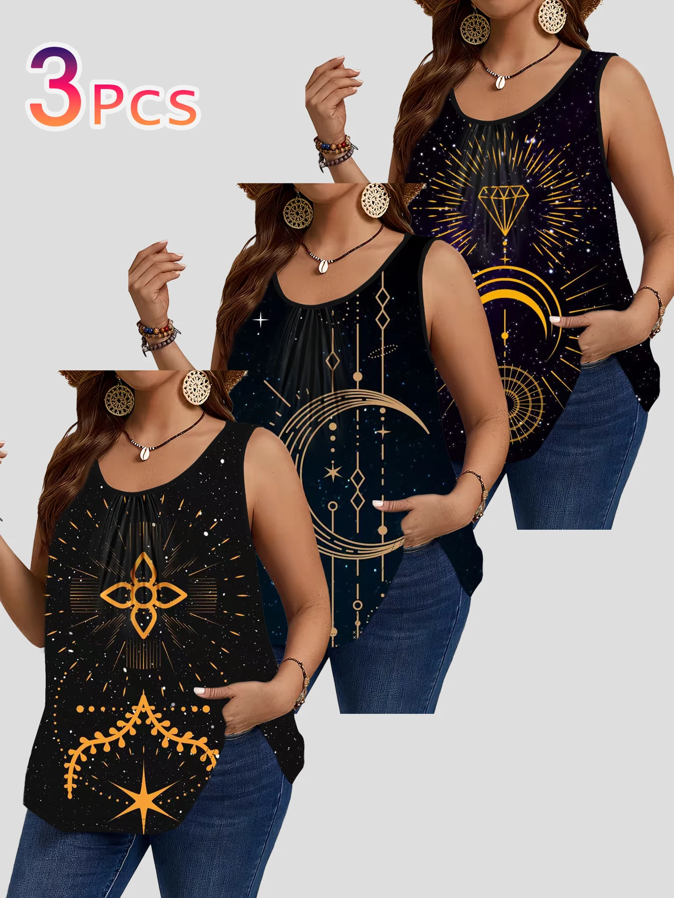 3-Piece Set of Plus-Size Sleeveless Vests for Women with Starry Sky and Mysterious Symbols Print, Black and Gold Moon and Star Geometric Patterns, Loose Round Neck, Figure-Flattering Outerwear