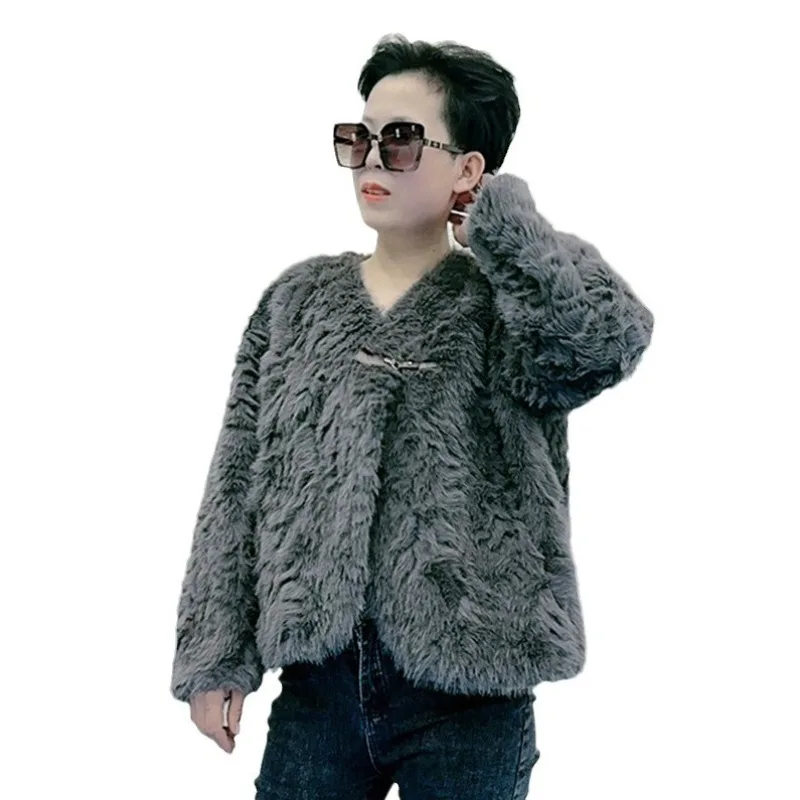 Luxury Women's Clothing Faux Mink Fur Coat Autumn Winter Warm Faux Fur Jacket Soft Outerwear Top V-neck Long Sleeves Design Tops