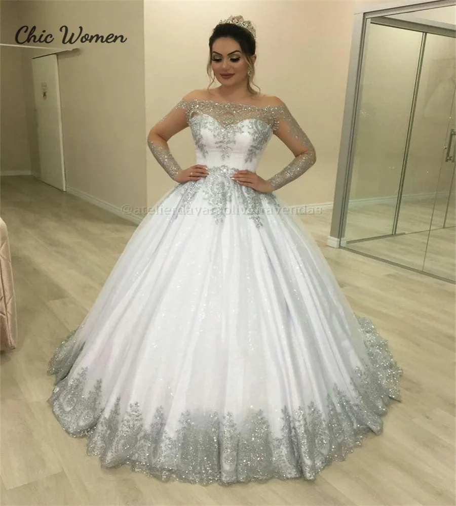 Vestido de novia árabe saudí plateado y blanco vikingo lentejuelas brillantes manga larga talla grande vestido de novia de país Civil 2025 personalizado