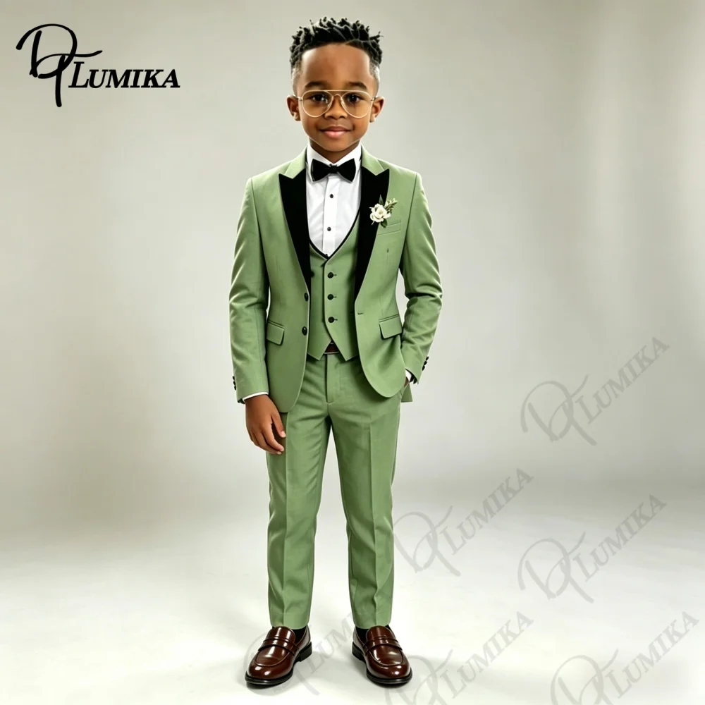 Traje Formal Verde Oliva para Niños 2026: Conjunto de Blazer con Solapa de Pico, Chaleco, Pantalones y Corbata de Moño para Boda, Fiesta o Actuación en Escenario