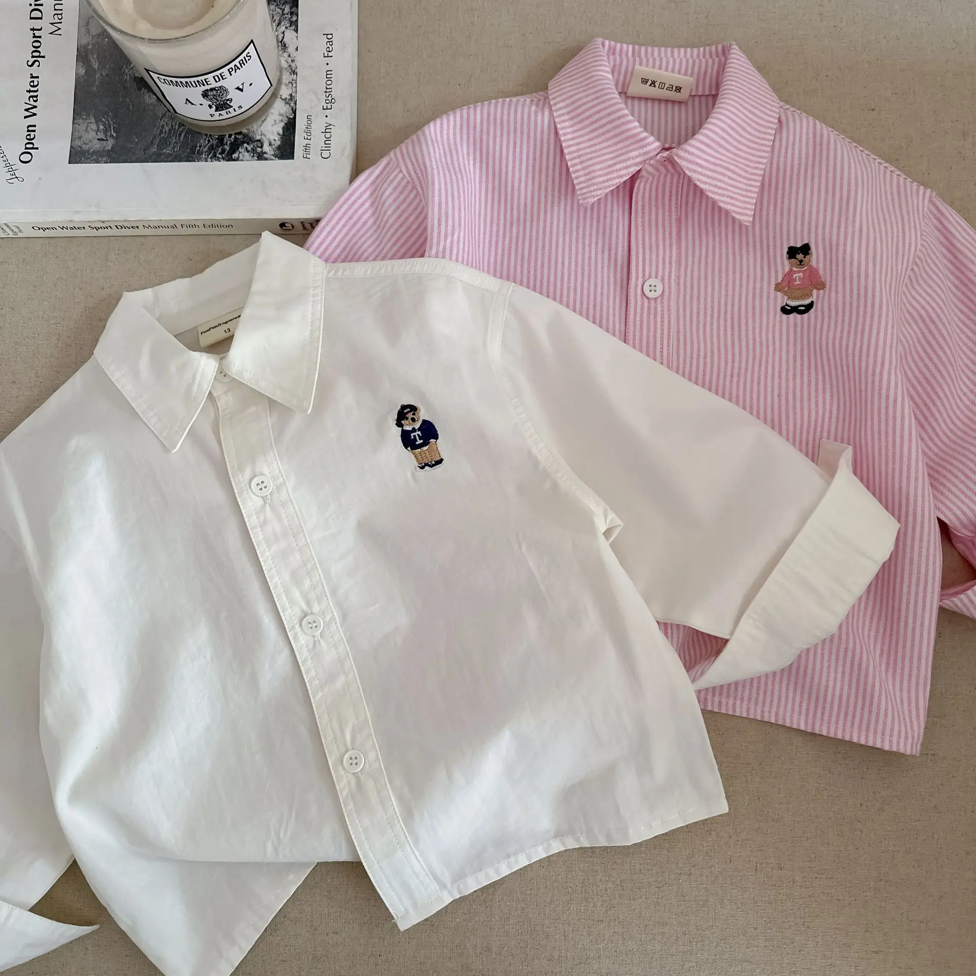 Children\'s Shirt 2025 Spring Cartoon Boys\' Girls\' Long Sleeve Blouses Shirts Korean Children\'s Clothing Pink Blue White Blouse