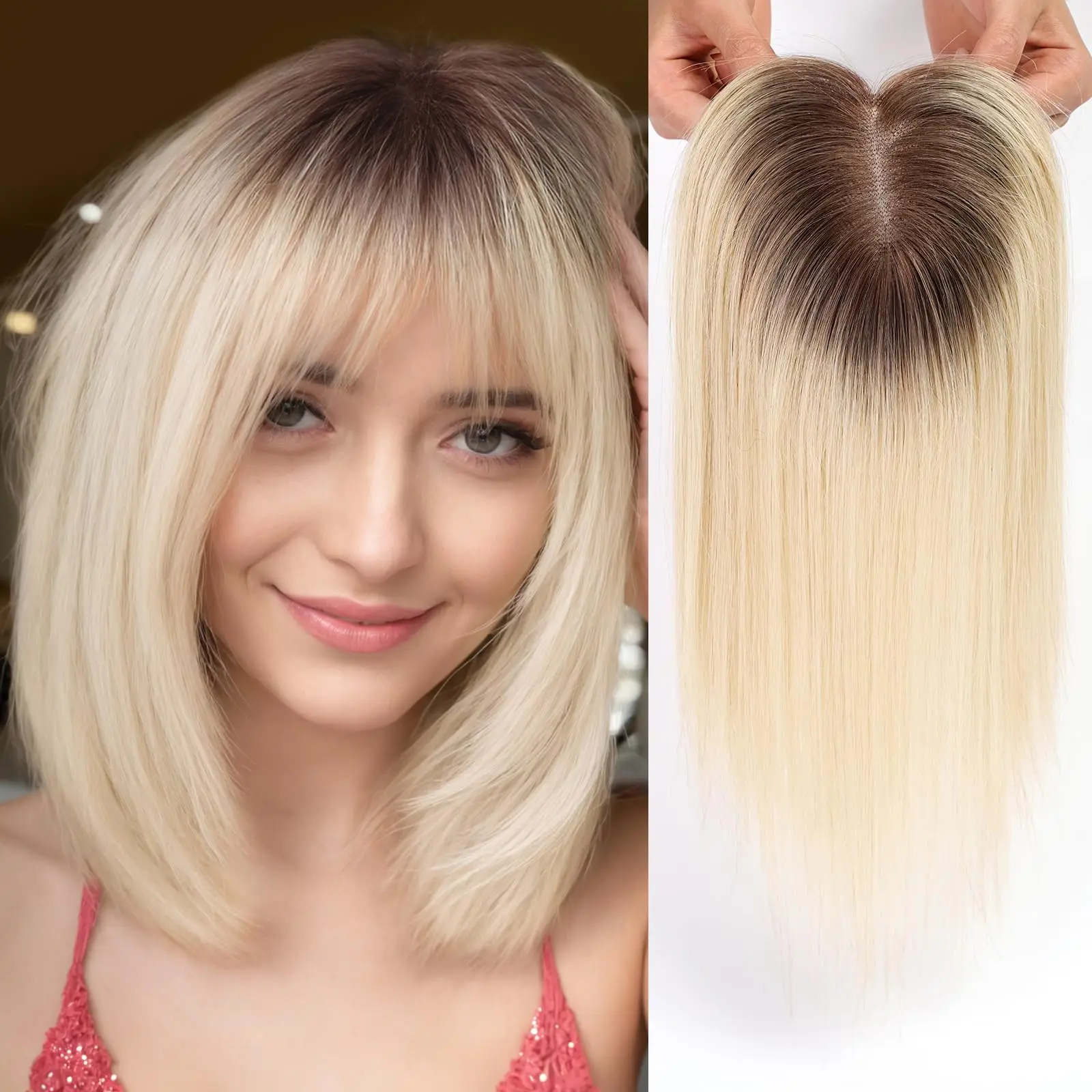 

Blonde Ombre Human Hair Toppers with Bangs 3Clip Hairpieces Fringe for Women Hair Loss 14 inch Swiss Lace Invisible Hair Toppers