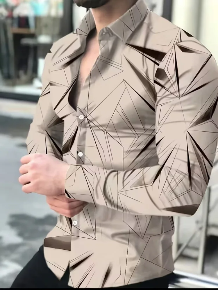 Fashionable men's long sleeved shirt with angular fragments, geometric lines printed top, street style versatile casual shirt