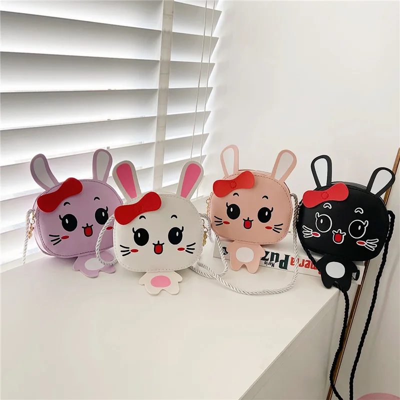 Cute Rabbit Girls Messenger Bag Cartoon PU Leather Small Handbag Princess Children Shoulder Bag Casual Zipper Kids Coin Purse