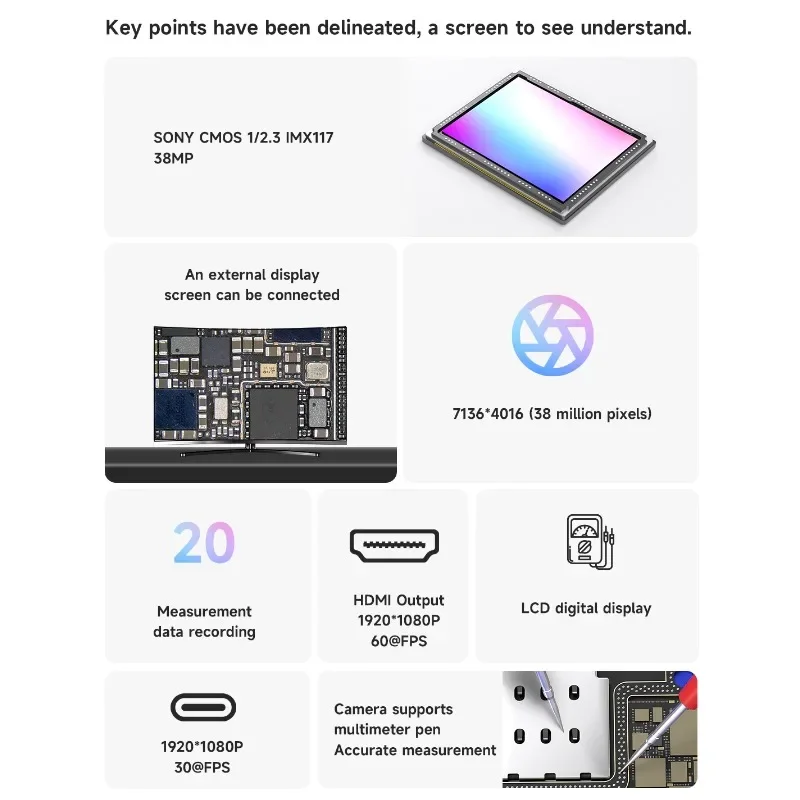 독특한 Mechanic Action2 비디오 멀티미터 현미경 산업용 카메라 (휴대폰용 전자 이미지 헤드 4K 고화질 센서 포함)
