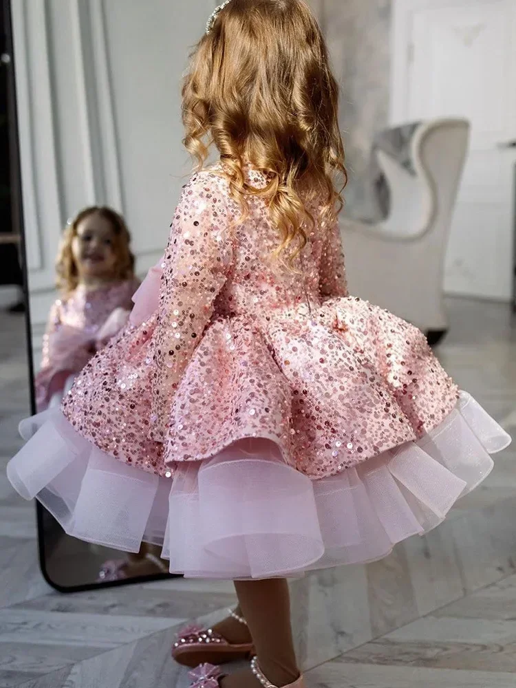 Vestido de lentejuelas para niña, vestido de pastel con lazo grande para bebé, vestido de princesa para niños, nuevo