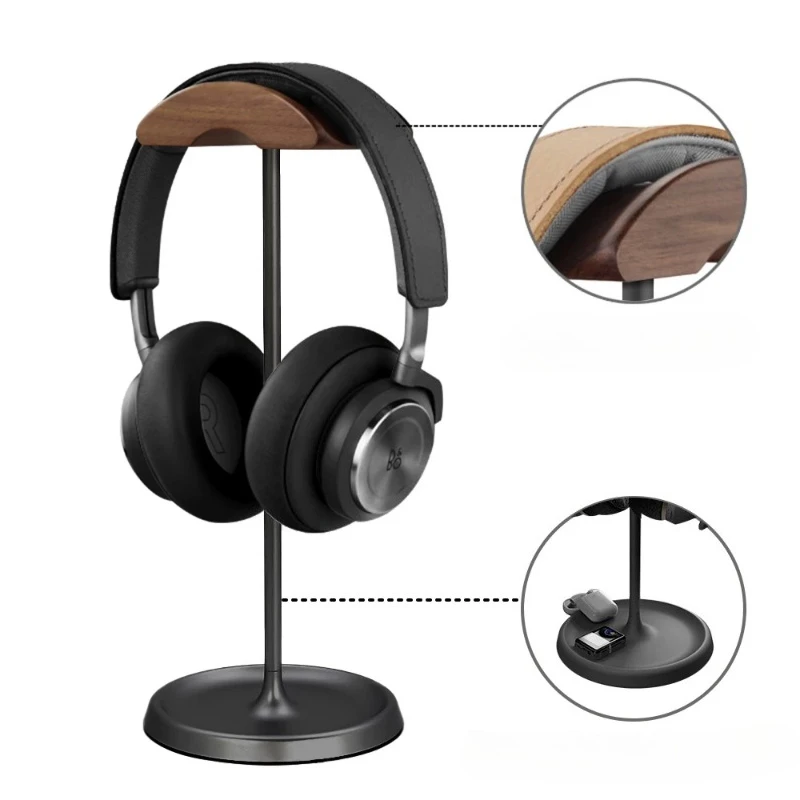 Black Walnut Wood & Aluminum Headphone Stand Nature Walnut Gaming Headset Holder with Solid Metal Base for Table Desk Display