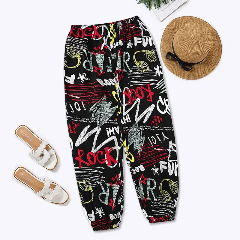 سراويل نسائية غير رسمية فضفاضة مريحة من الأرجل ، بنطلون رياضي للصيف ، حزام خصر مرن