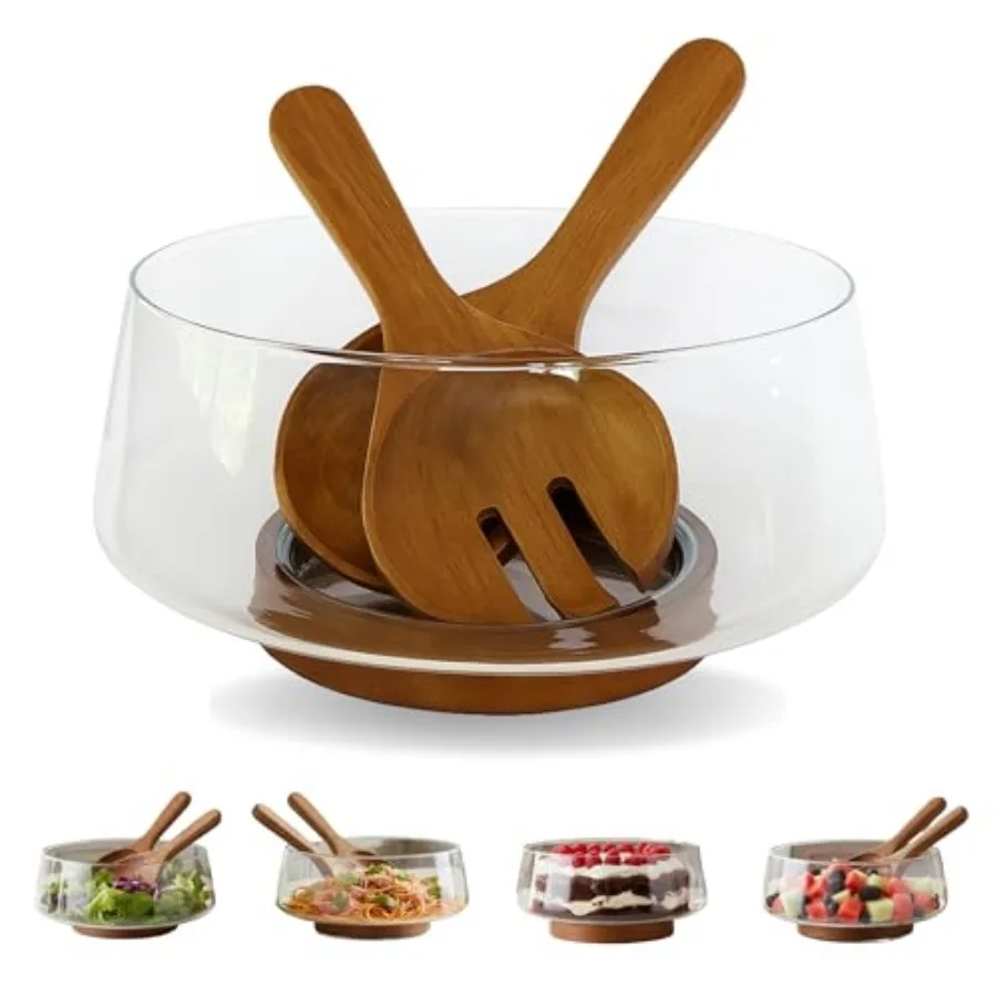 

Large Glass Salad Bowl Set with Acacia Wood Base and Salad Servers Elegant Serving Bowl for Salads Pasta Fruit and Snacks Easy-