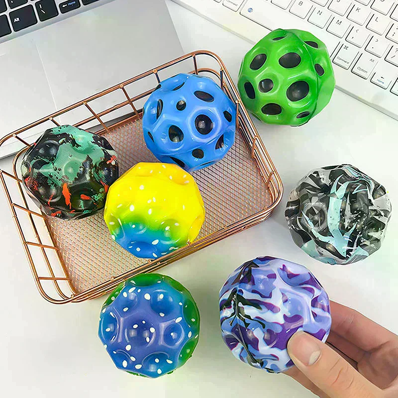Useful Hole Galaxy Soft Bouncy Ball Anti-fall Moon Shape Porous Bouncy Ball Popping Sensory Fidget Toy Adult Kids Stress Relief