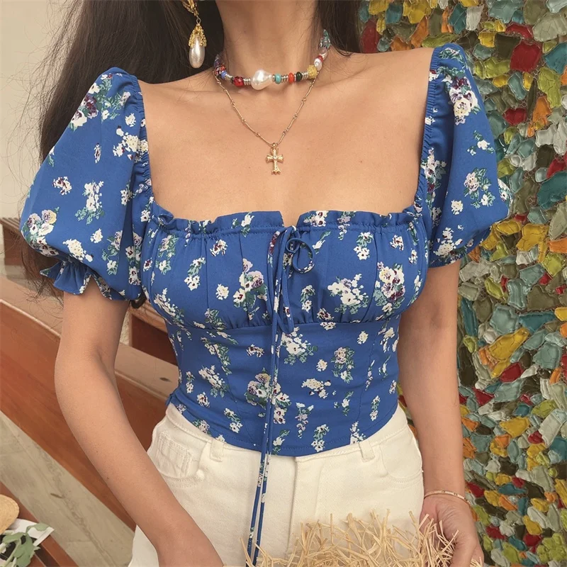 

French Style Slim Fit Floral Print Bubble Sleeve Short Sleeve Square Collar Drawstring Waist Baring Holiday Shirt Women