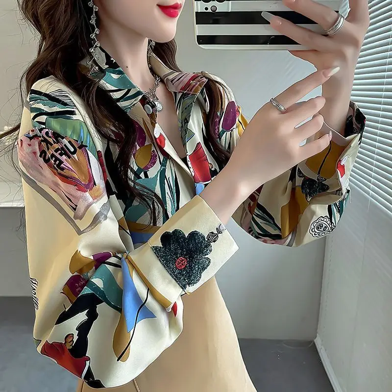 Spring Vintage Women New Long Sleeves Flip Collar Printing Shirt 2024 Niche Temperament Fashion Chiffon Luxury All-match Tops