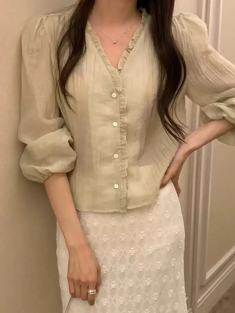 Chic Spring New Women's Long Sleeve Shirt Earlet Lace Trim Button up Korean Style Polyester Fiber Breathable V Neck Bubble Sl...
