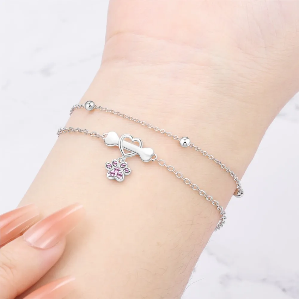 New 925 Sterling Silver Pink Bone Tassel Animal Pet Paw Print Bracelet Chain Link Women Bracelet Birthday Festival Jewelry Gifts