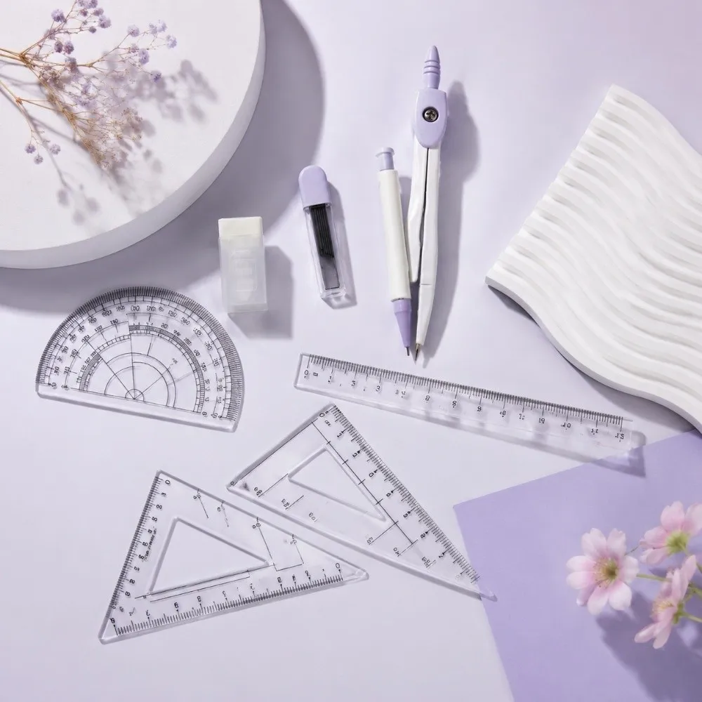2/7pcs Tulip Student Compass Set Clear Scale Measuring Rulers Portable Math Drawing Tool Geometry Compass Ruler Students