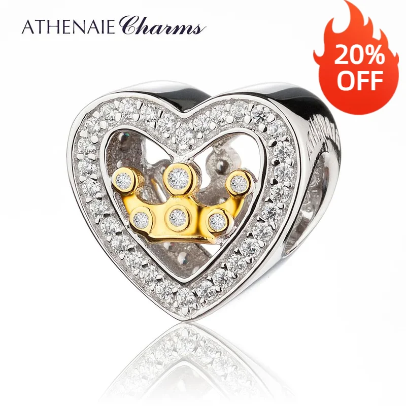 

ATHENAIE 925 Silver with Pave Clear CZ Heart Shaped Love Crown in Heart Charm Beads Fit All European Bracelets For Women Jewelry